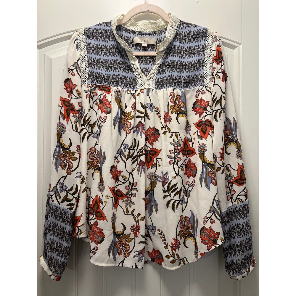 LOFT Women’s Sheer Floral Lace Trim‎ Boho Blouse Long Sleeve Top Sz M Multicolor